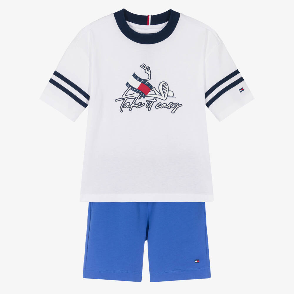 Tommy Hilfiger-Boys White & Blue Cotton Shorts Set | Childrensalon