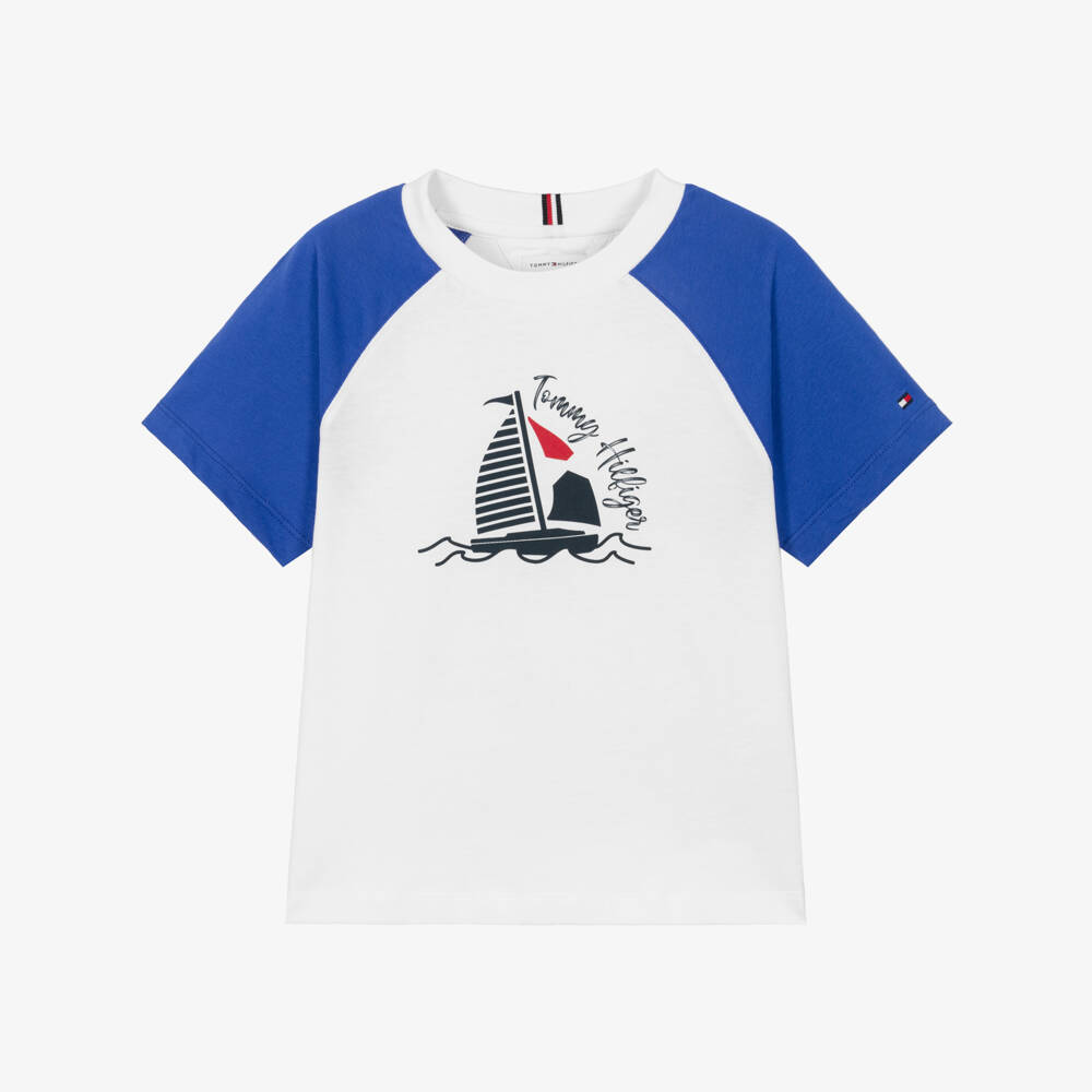 Tommy Hilfiger-Boys White & Blue Graphic Colourblock T-Shirt  | Childrensalon