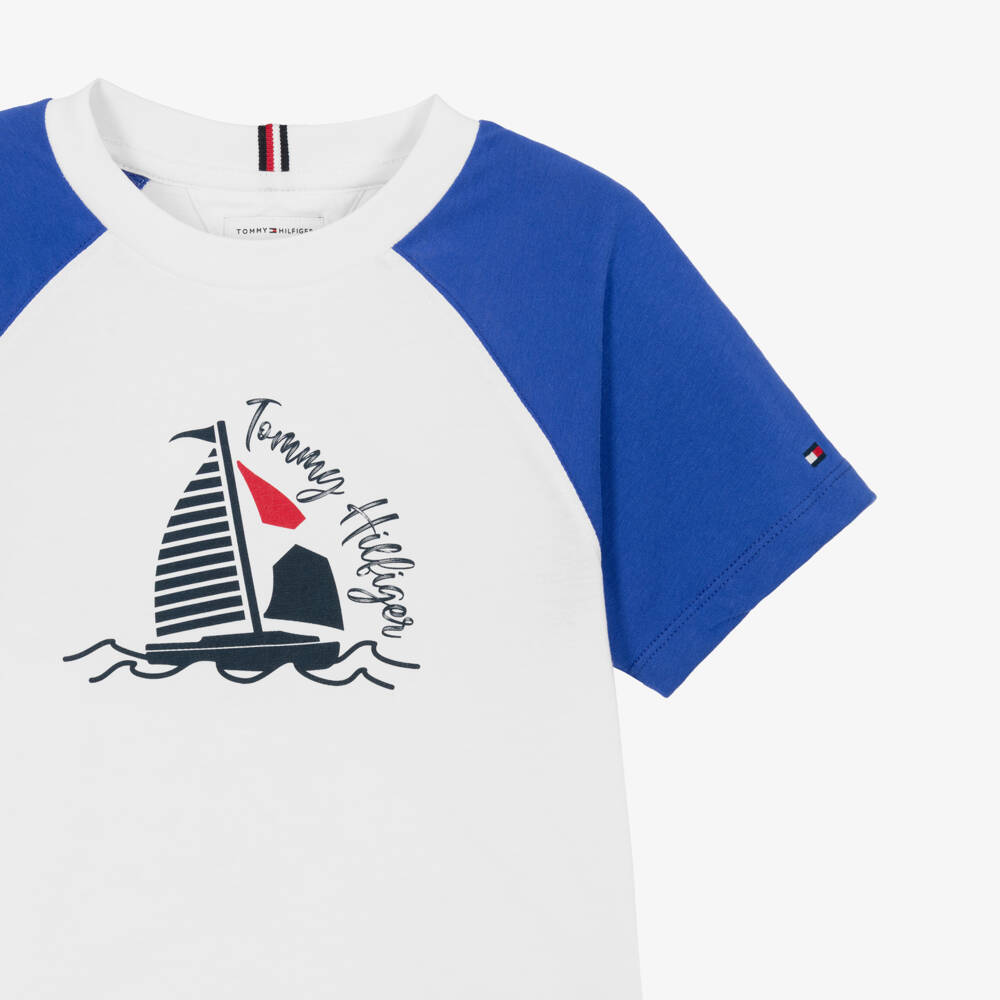 Tommy Hilfiger-Boys White & Blue Graphic Colourblock T-Shirt | Childrensalon