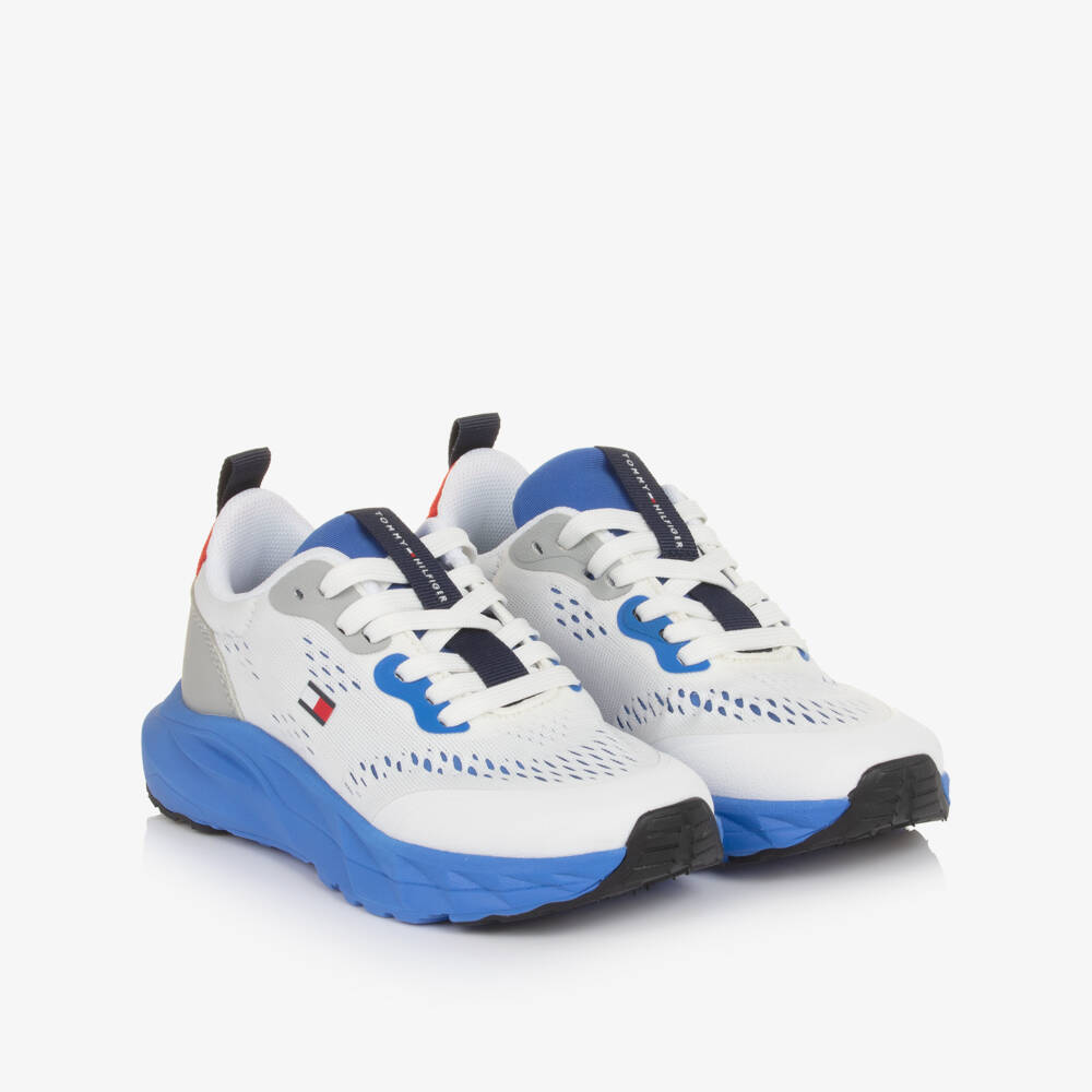 Tommy Hilfiger-Boys White & Bright Blue Lace-Up Trainers | Childrensalon