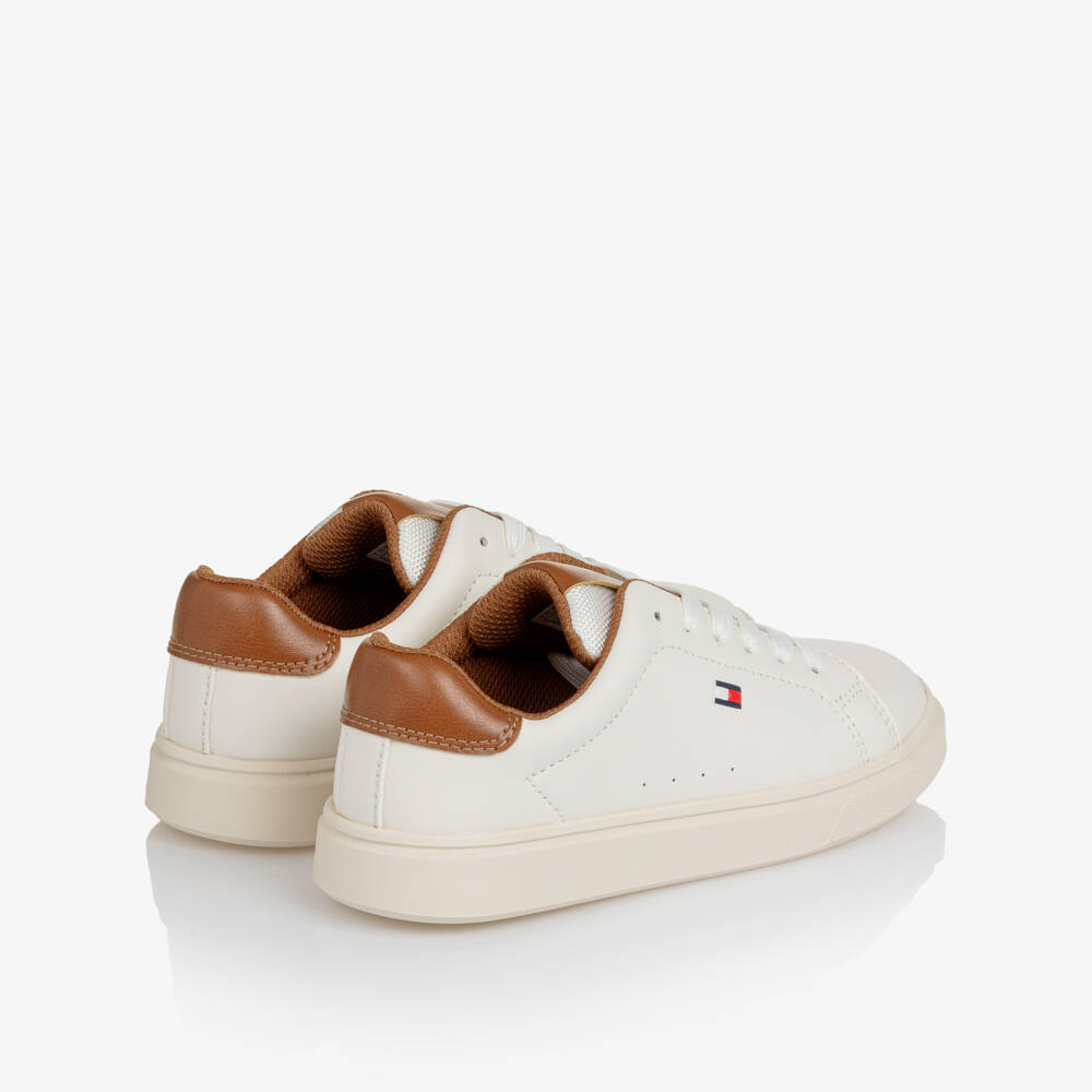 Tommy Hilfiger-Boys White & Brown Faux Leather Lace-Up Trainers | Childrensalon