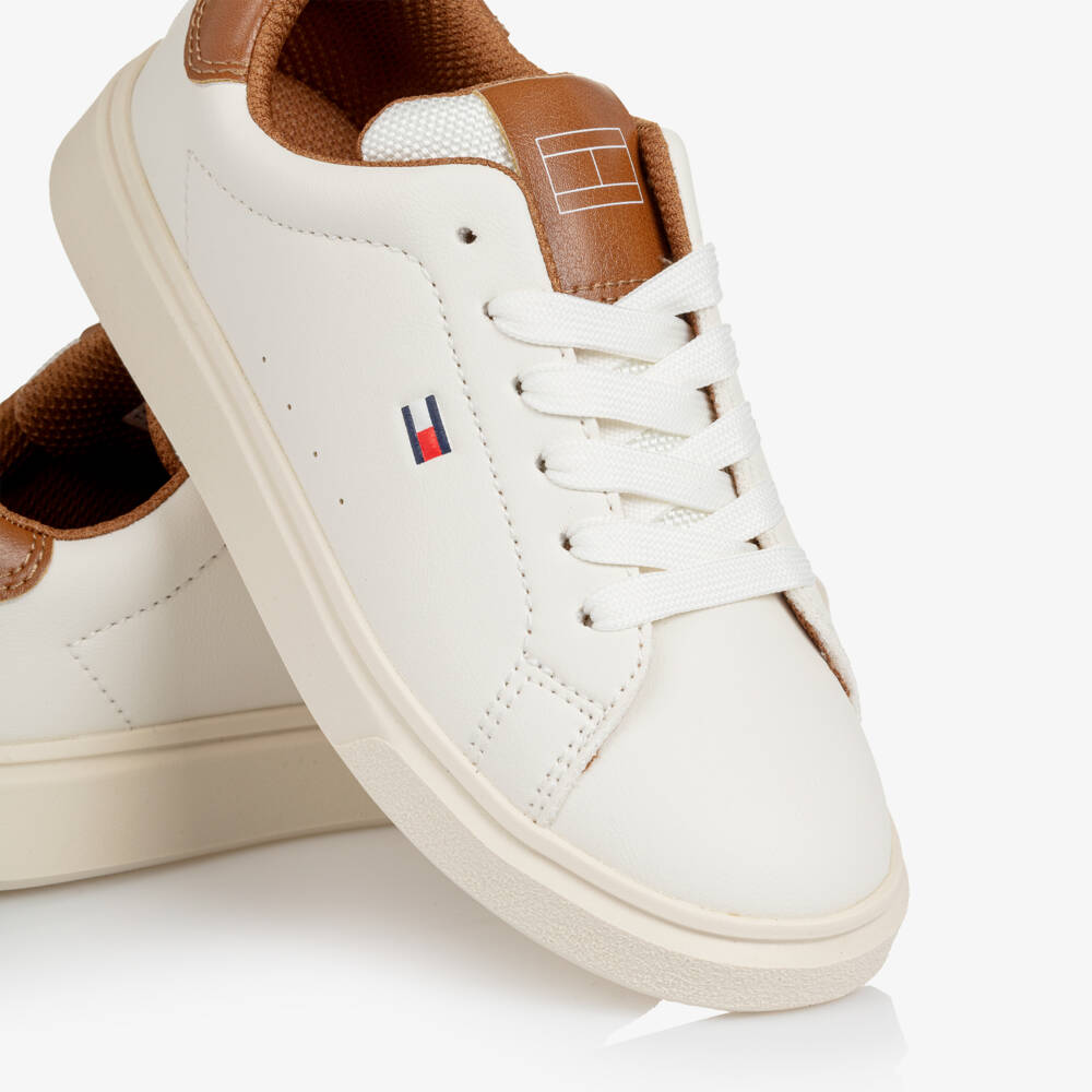 Tommy Hilfiger-Boys White & Brown Faux Leather Lace-Up Trainers | Childrensalon