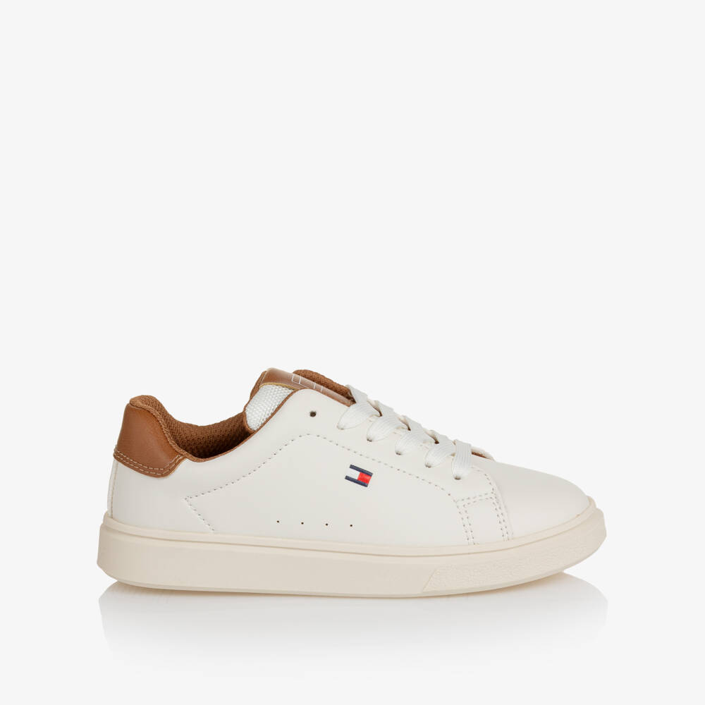 Tommy Hilfiger-Boys White & Brown Faux Leather Lace-Up Trainers | Childrensalon