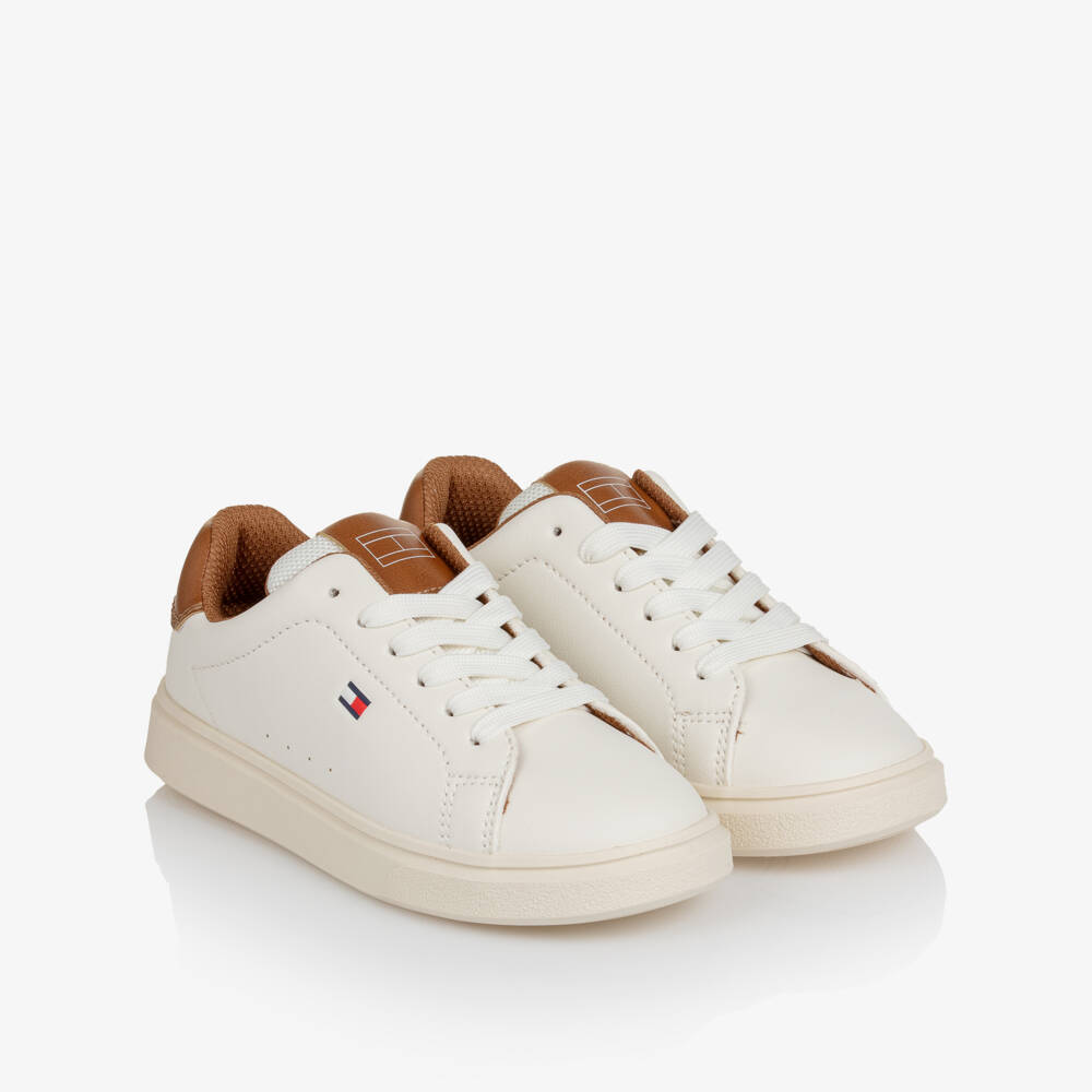 Tommy Hilfiger-Boys White & Brown Faux Leather Lace-Up Trainers | Childrensalon