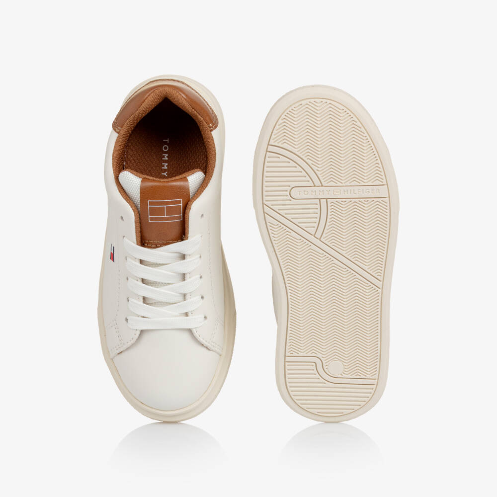 Tommy Hilfiger-Boys White & Brown Faux Leather Lace-Up Trainers | Childrensalon