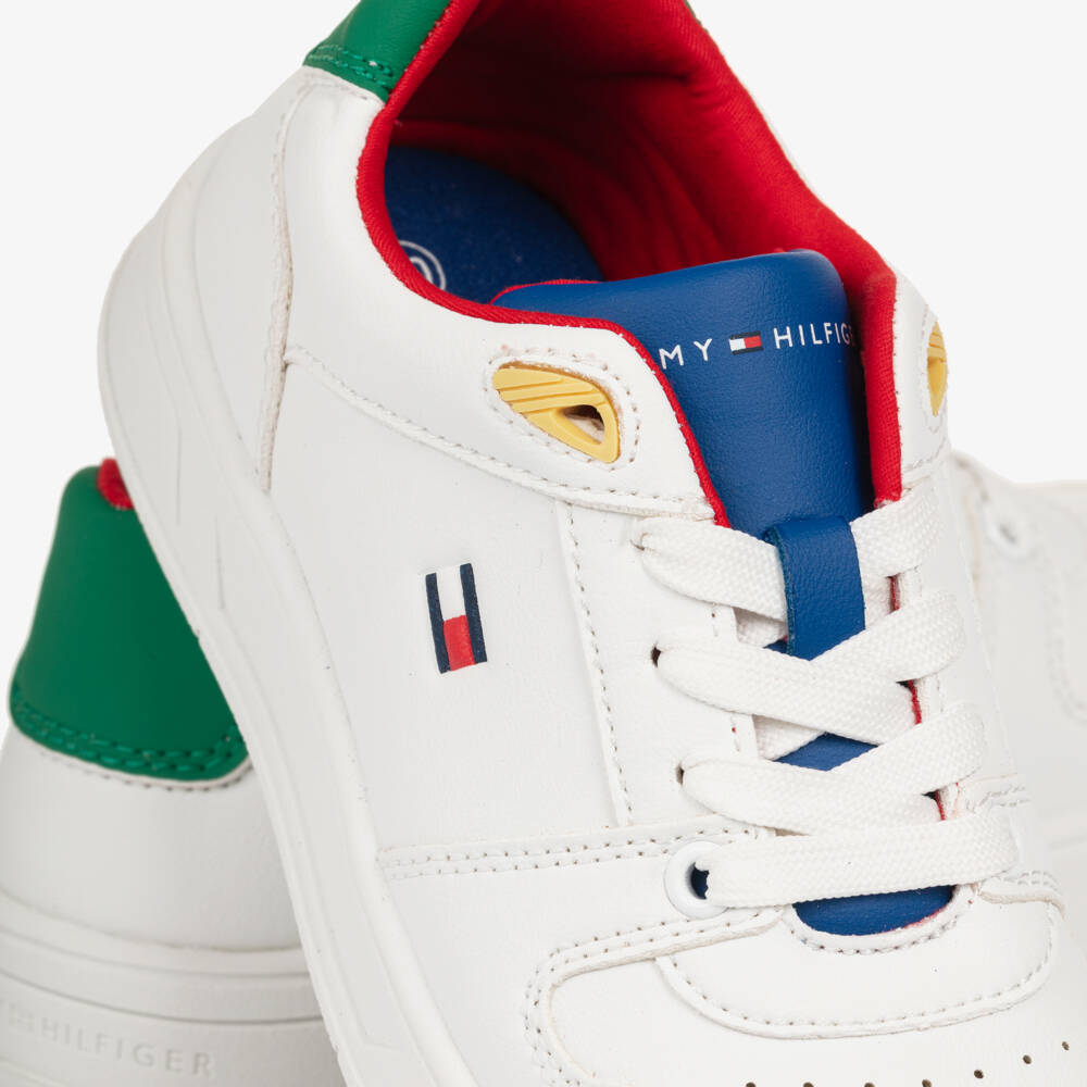 Tommy Hilfiger-Boys White Colourblock Leather Lace-Up Trainers | Childrensalon