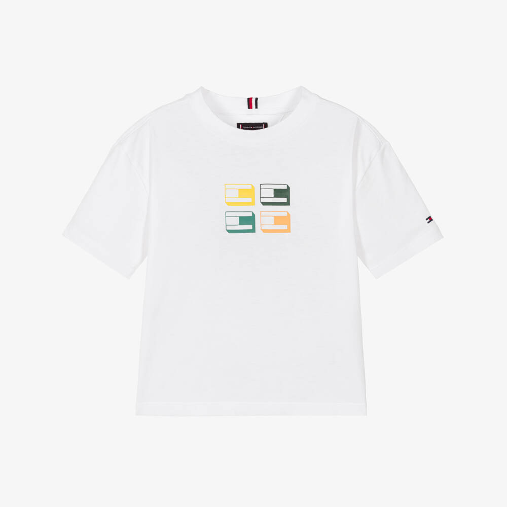Tommy Hilfiger-Boys White Cotton 3D Flag Graphic T-Shirt | Childrensalon