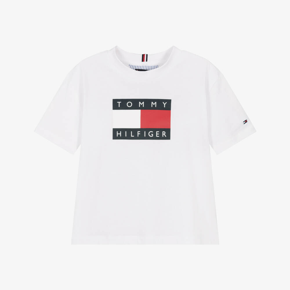 Tommy Hilfiger-Boys White Cotton Heritage Flag Logo T-Shirt  | Childrensalon