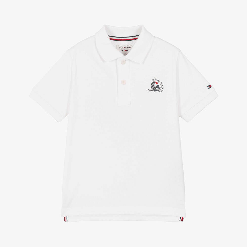 Tommy Hilfiger-Boys White Cotton Jersey Polo Shirt with Boat Graphic | Childrensalon