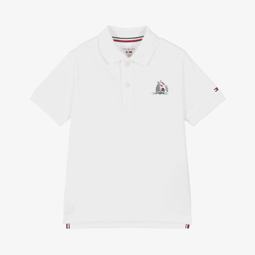 Tommy Hilfiger-Boys White Cotton Jersey Polo Shirt with Boat Graphic | Childrensalon