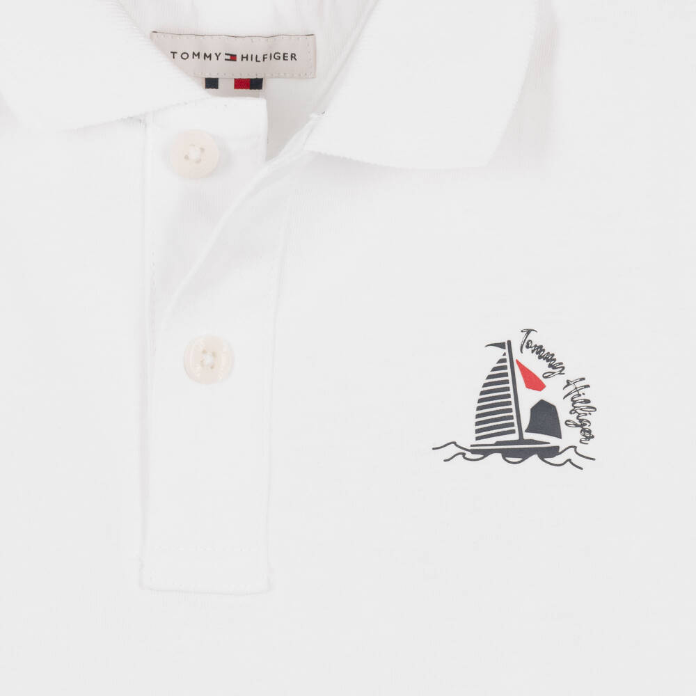Tommy Hilfiger-Boys White Cotton Jersey Polo Shirt with Boat Graphic | Childrensalon