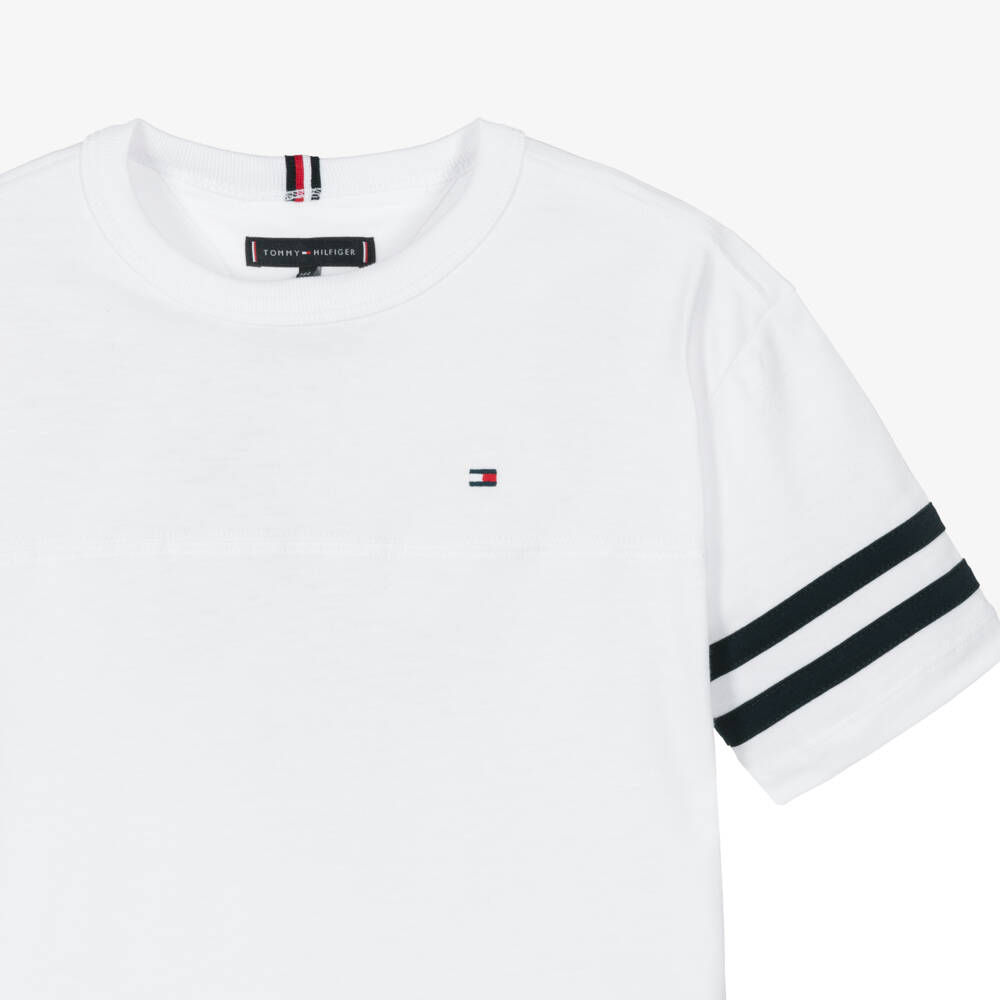 Tommy Hilfiger-Boys White Cotton Jersey T-Shirt with Navy Blue Stripe Trim | Childrensalon