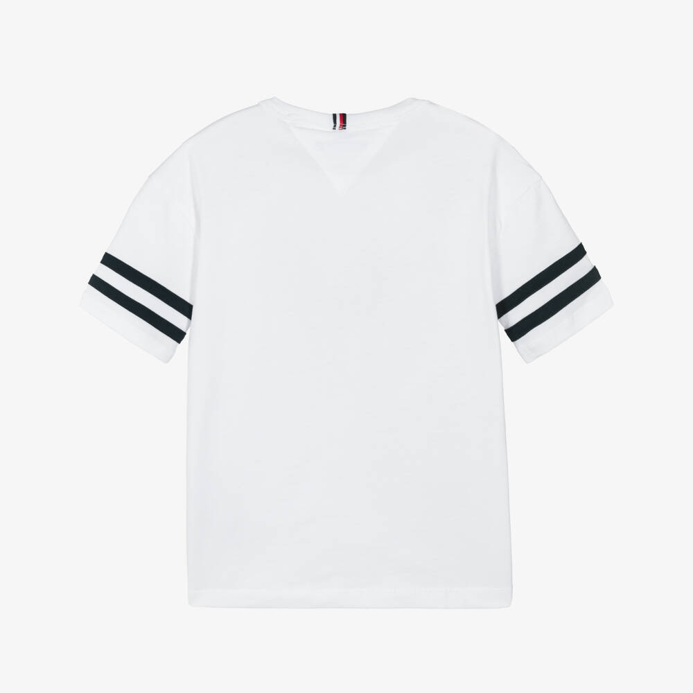 Tommy Hilfiger-Boys White Cotton Jersey T-Shirt with Navy Blue Stripe Trim | Childrensalon