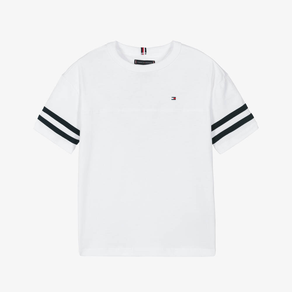 Tommy Hilfiger-Boys White Cotton Jersey T-Shirt with Navy Blue Stripe Trim | Childrensalon