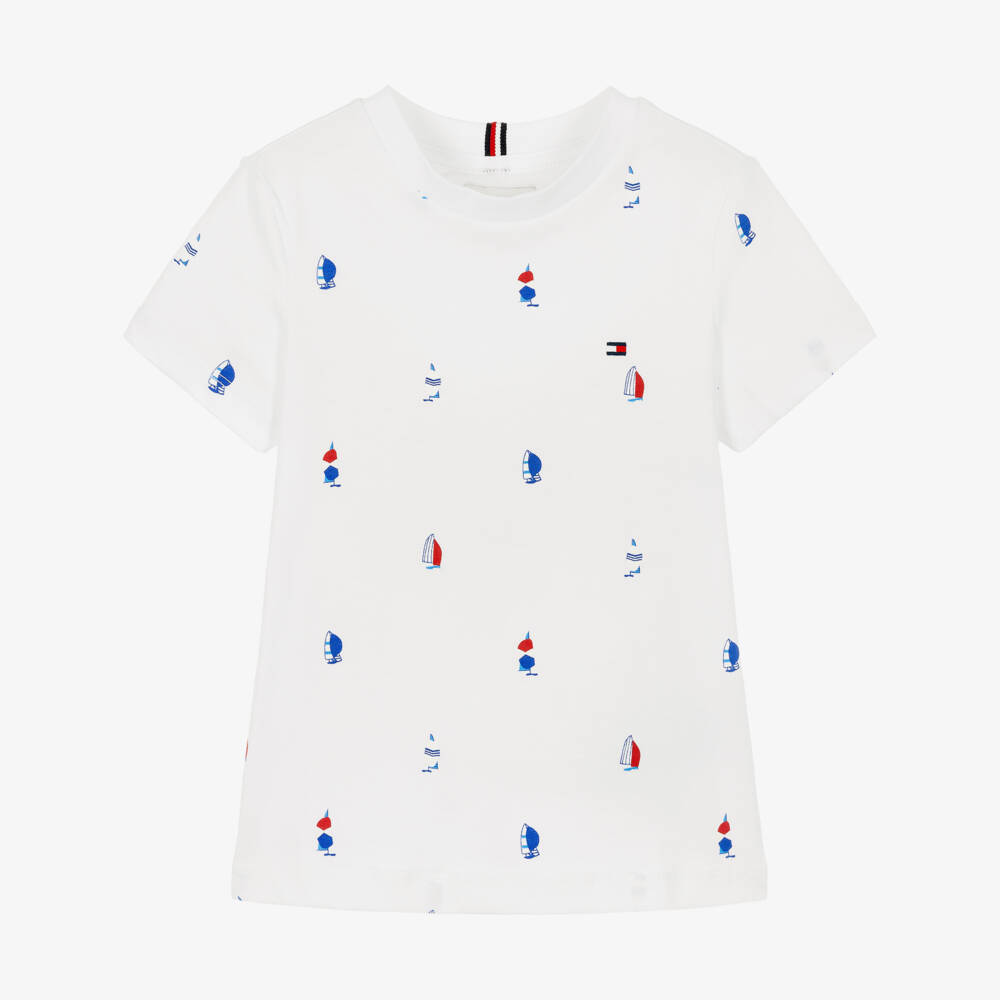 Tommy Hilfiger-Boys White Cotton Jersey T-Shirt with Sailing Boat Print | Childrensalon