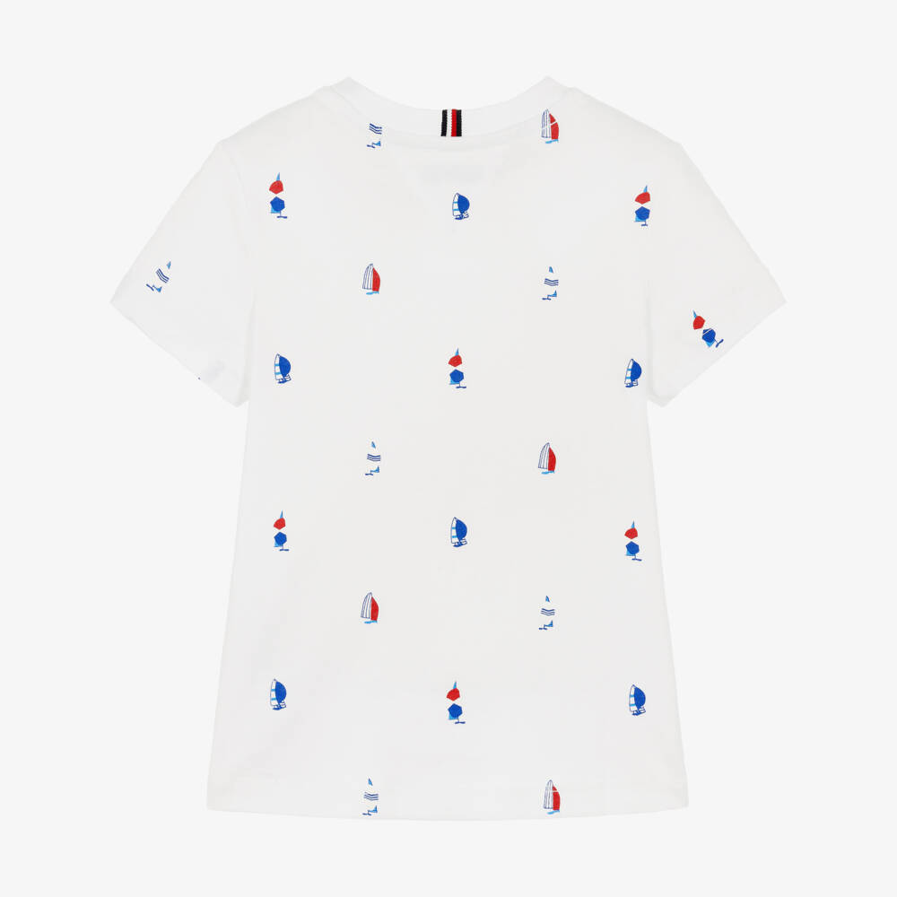 Tommy Hilfiger-Boys White Cotton Jersey T-Shirt with Sailing Boat Print | Childrensalon