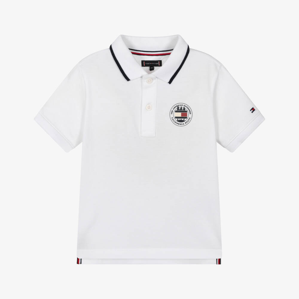 Tommy Hilfiger-Boys White Cotton Piqué Polo Shirt with Short Sleeves | Childrensalon