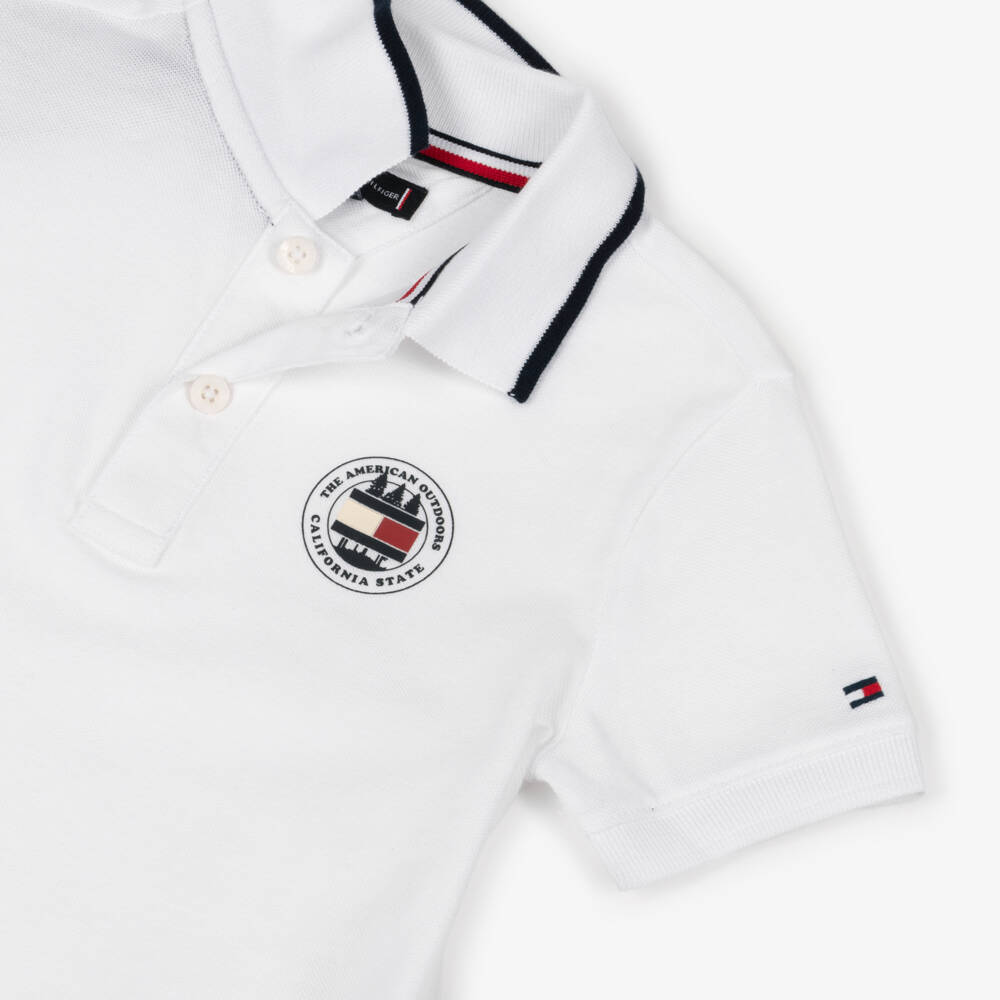 Tommy Hilfiger-Boys White Cotton Piqué Polo Shirt with Short Sleeves | Childrensalon