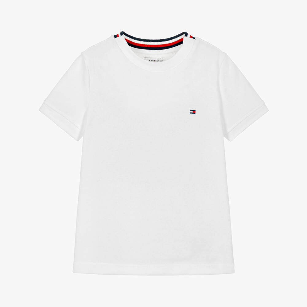 Tommy Hilfiger-Boys White Cotton Piqué T-Shirt with Signature Tape Detail | Childrensalon