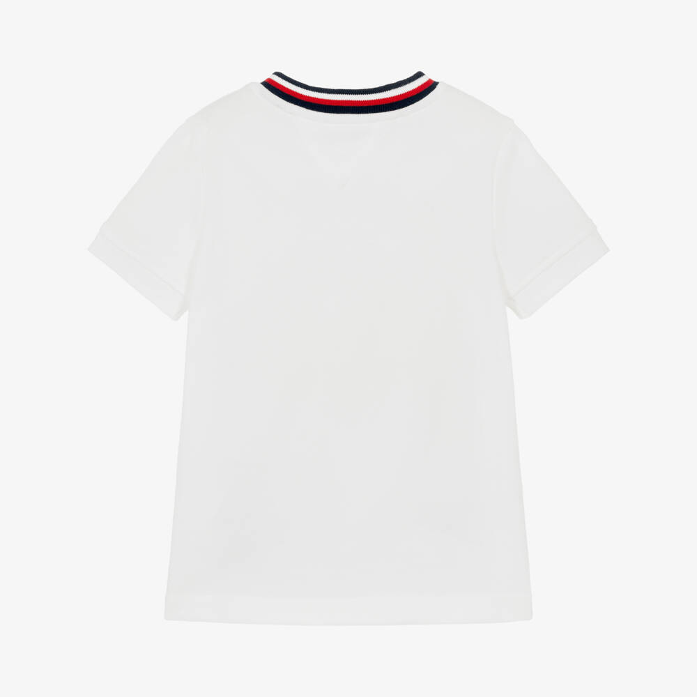 Tommy Hilfiger-Boys White Cotton Piqué T-Shirt with Signature Tape Detail | Childrensalon