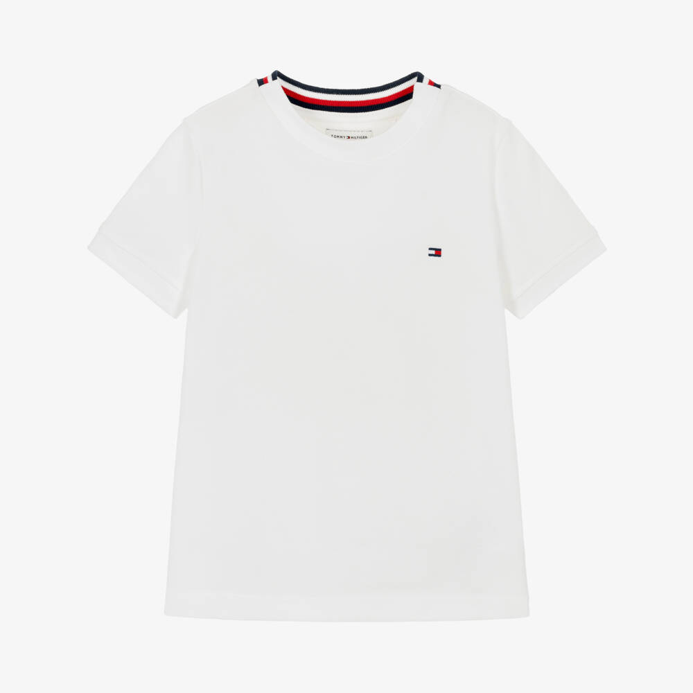Tommy Hilfiger-Boys White Cotton Piqué T-Shirt with Signature Tape Detail | Childrensalon