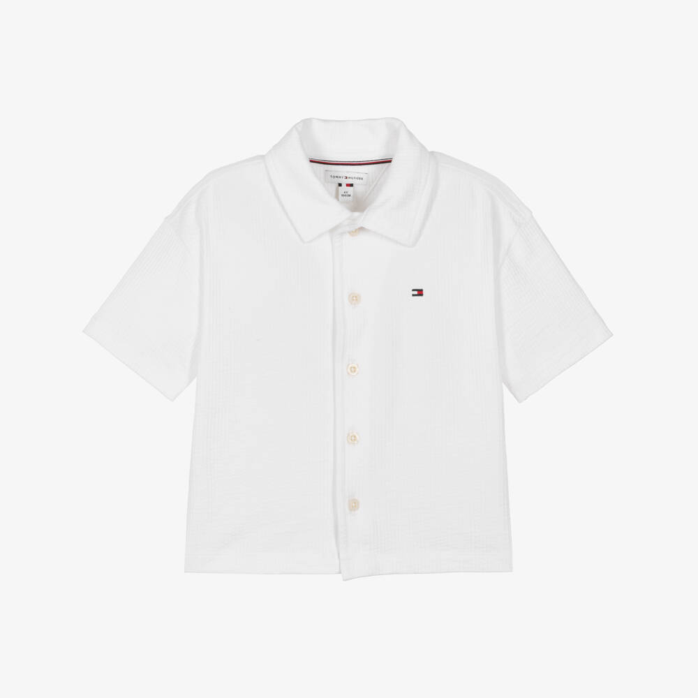 Tommy Hilfiger-Boys White Cotton Seersucker Jersey Shirt | Childrensalon