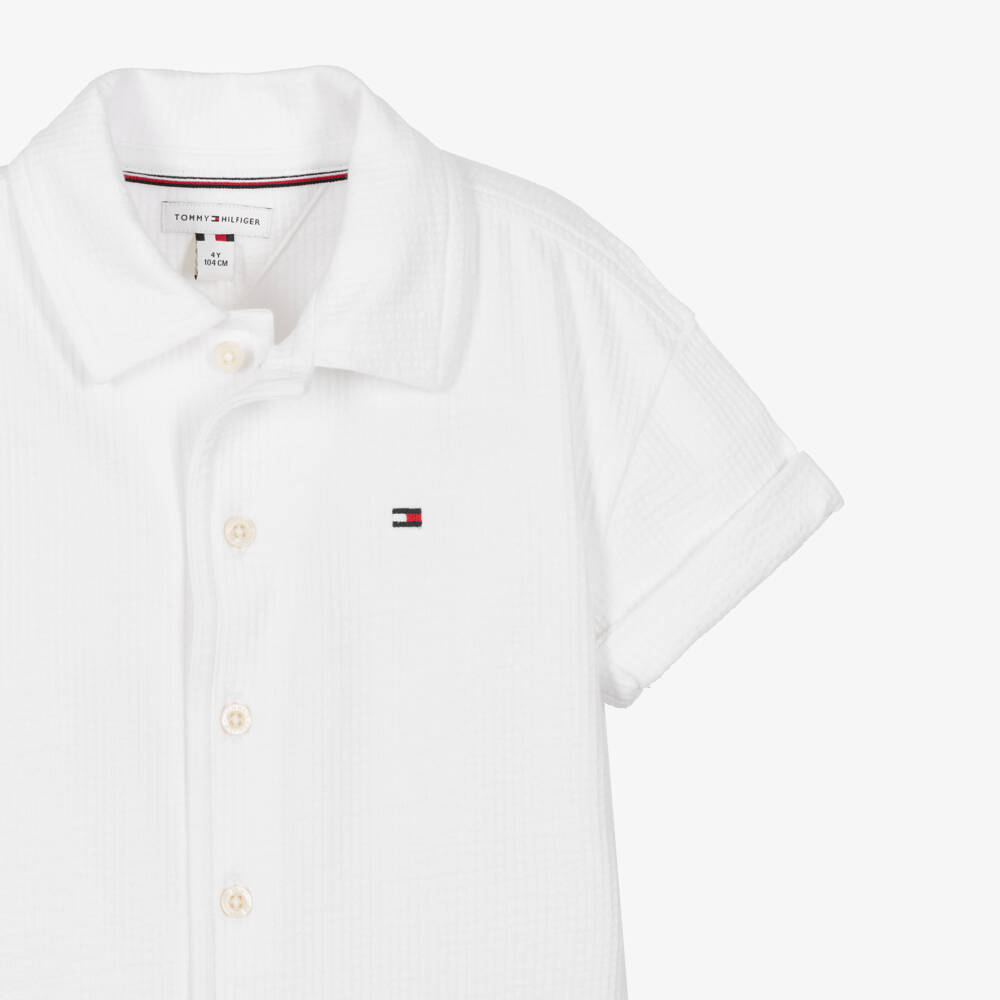 Tommy Hilfiger-Boys White Cotton Seersucker Jersey Shirt | Childrensalon