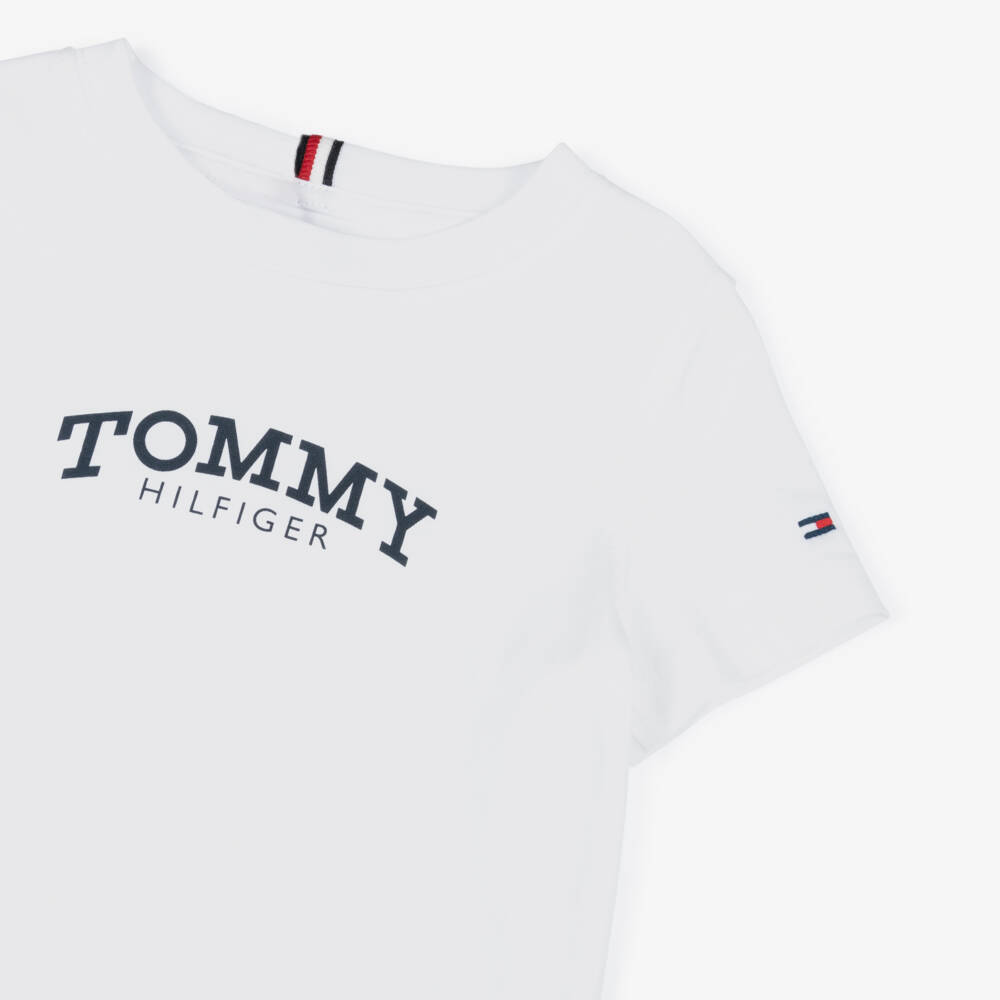 Tommy Hilfiger-Boys White Cotton T-Shirt with Monotype Logo Print | Childrensalon
