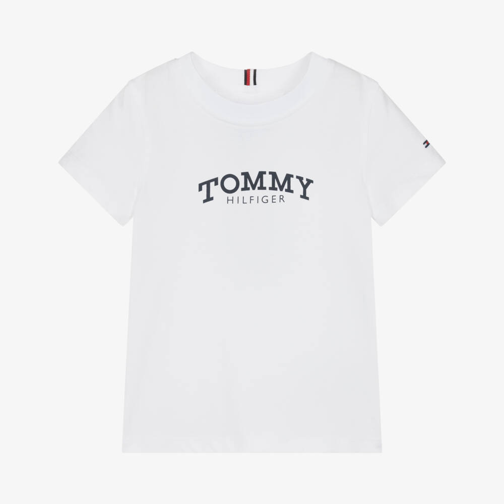 Tommy Hilfiger-Boys White Cotton T-Shirt with Monotype Logo Print | Childrensalon