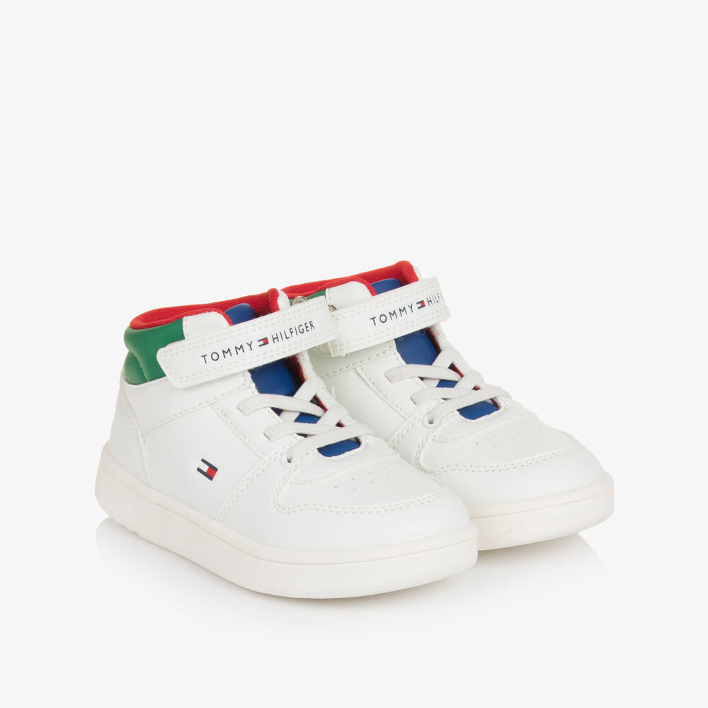 Tommy Hilfiger-Boys White Faux Leather Colourblock High-Top Trainers | Childrensalon