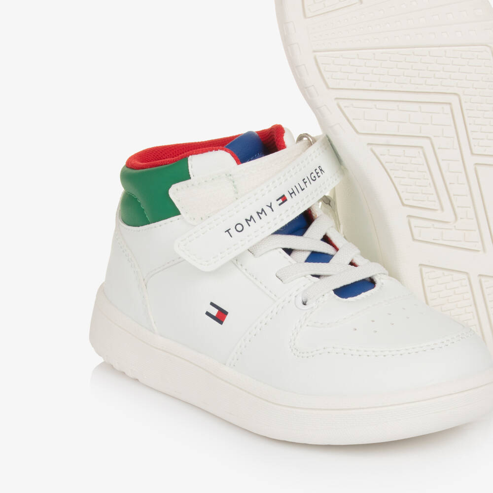 Tommy Hilfiger-Boys White Faux Leather Colourblock High-Top Trainers | Childrensalon