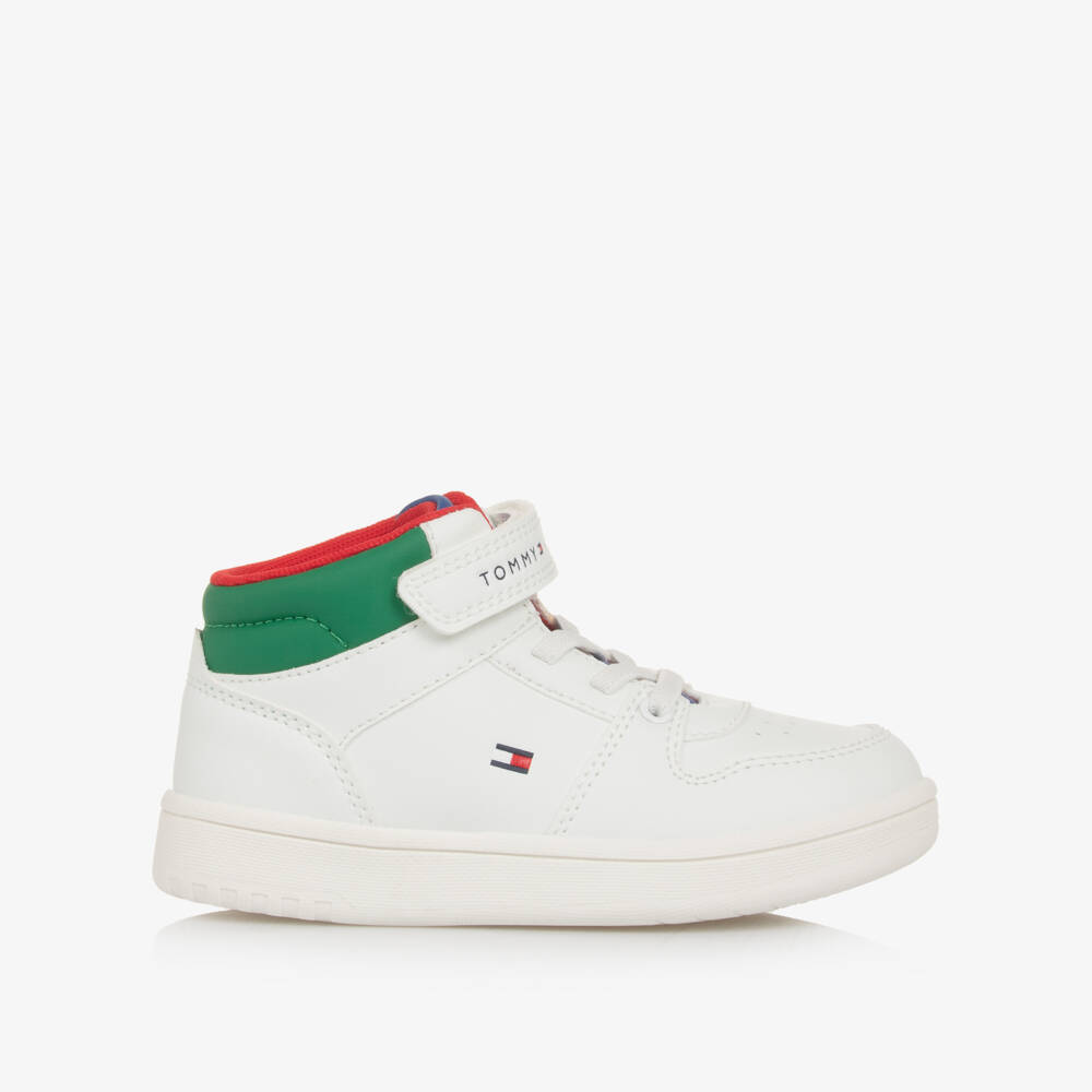 Tommy Hilfiger-Boys White Faux Leather Colourblock High-Top Trainers | Childrensalon