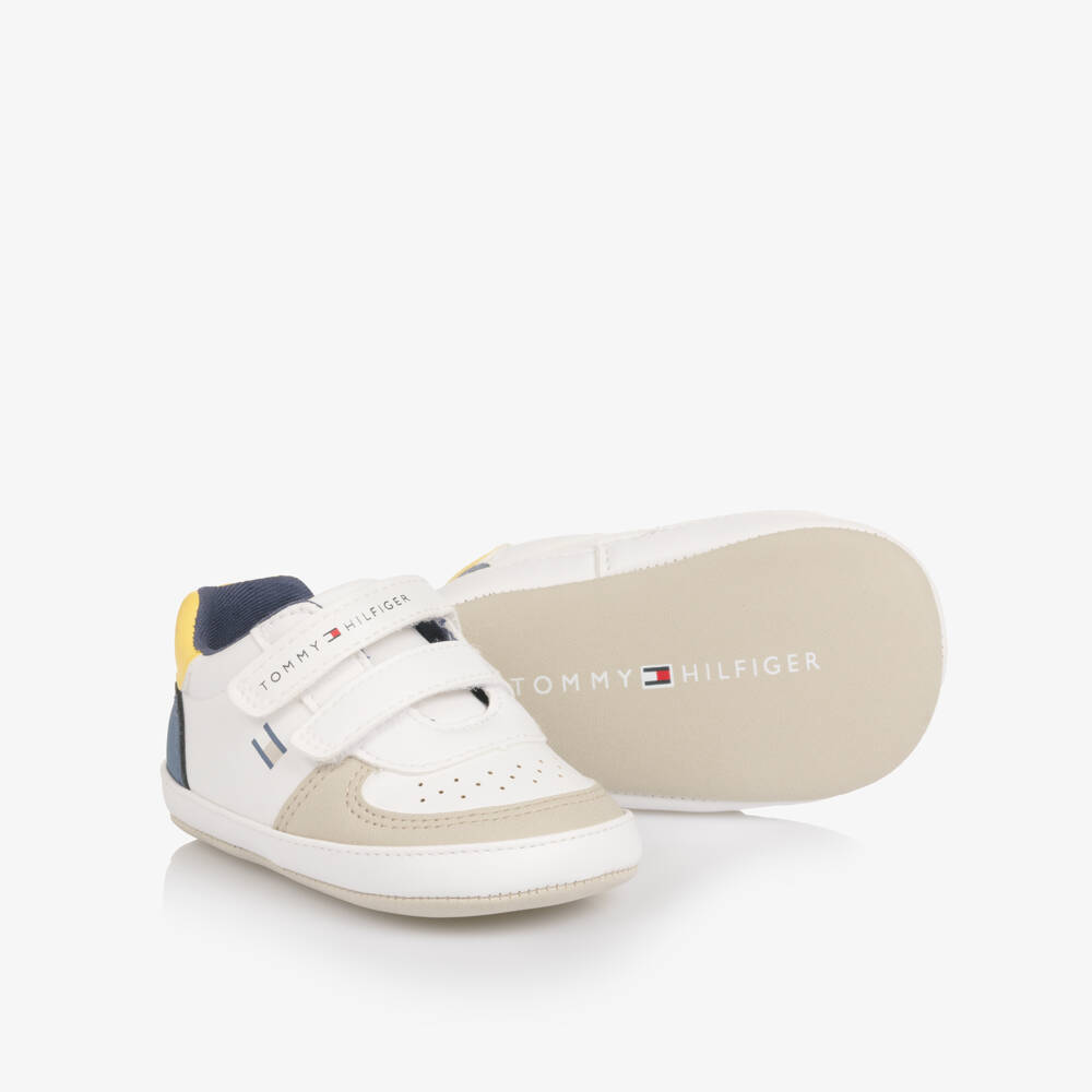 Tommy Hilfiger-Boys White Faux Leather Pre-Walker Trainers | Childrensalon