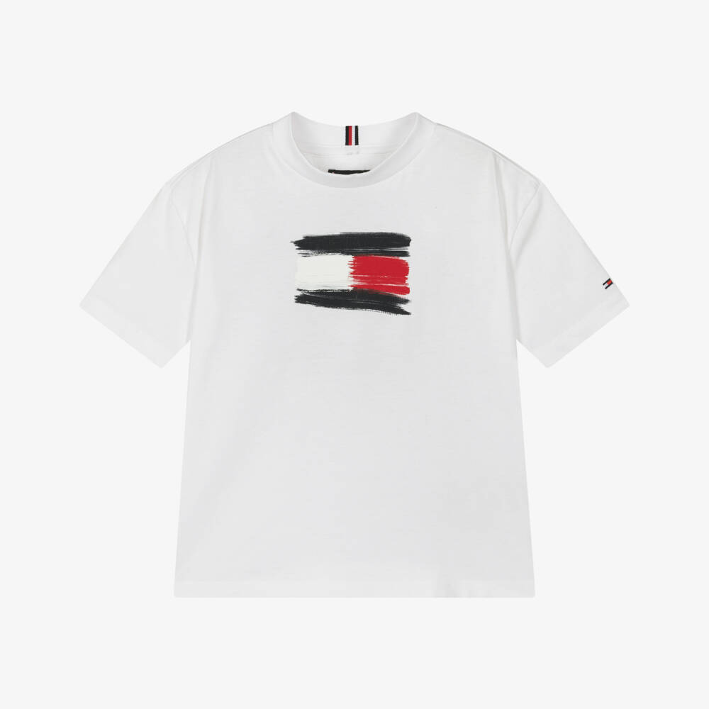 Tommy Hilfiger-Boys White Flag Print Cotton Jersey T-Shirt | Childrensalon
