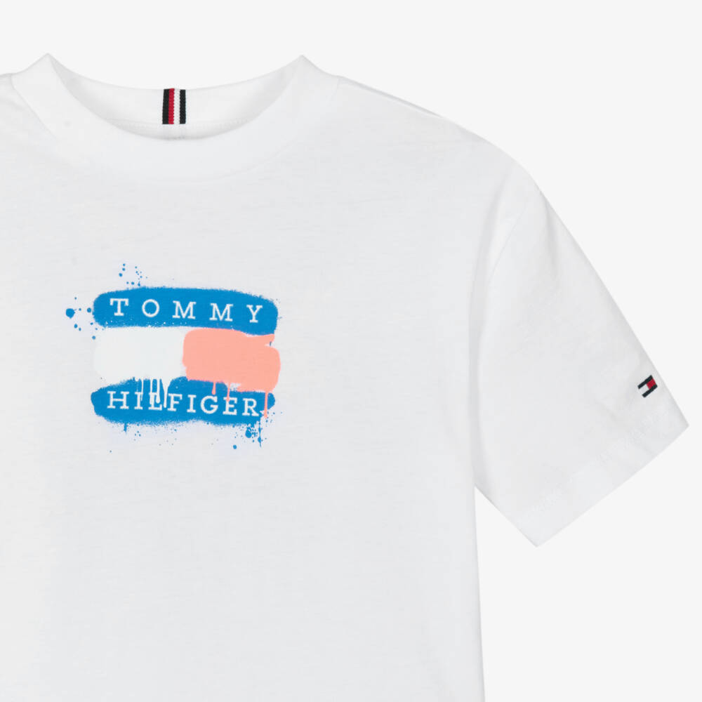 Tommy Hilfiger-Boys White Graffiti Flag Logo Cotton T-Shirt | Childrensalon