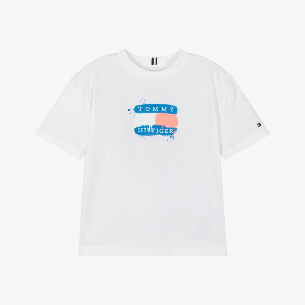Tommy Hilfiger-Boys White Graffiti Flag Logo Cotton T-Shirt | Childrensalon