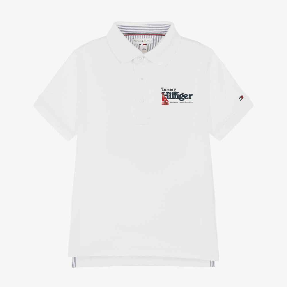 Tommy Hilfiger-Boys White Jersey Polo Shirt with Embroidery | Childrensalon