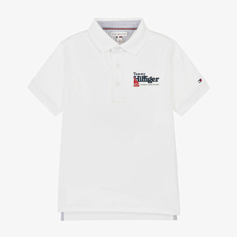 Tommy Hilfiger-Boys White Jersey Polo Shirt with Embroidery | Childrensalon