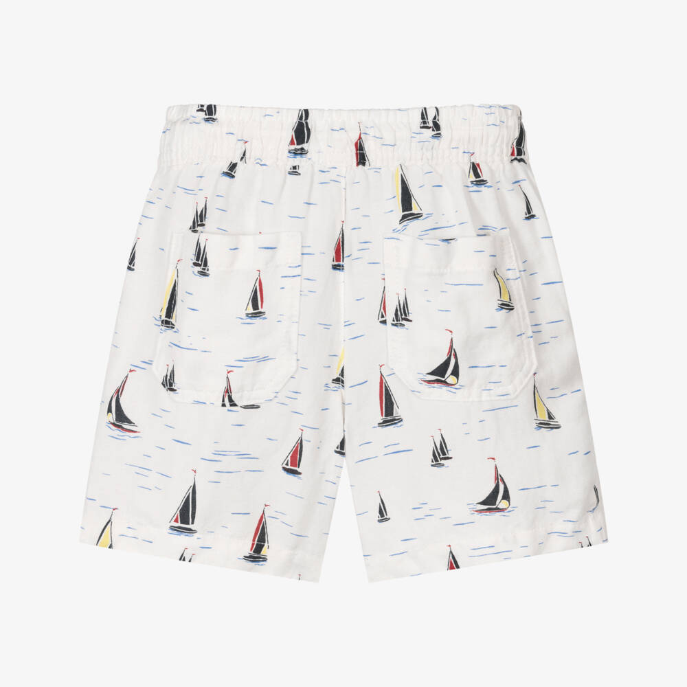 Tommy Hilfiger-Boys White Linen Blend Boat Print Shorts | Childrensalon