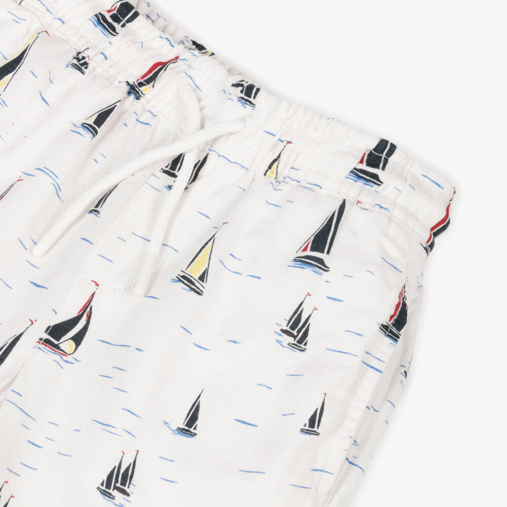 Tommy Hilfiger-Boys White Linen Blend Boat Print Shorts | Childrensalon