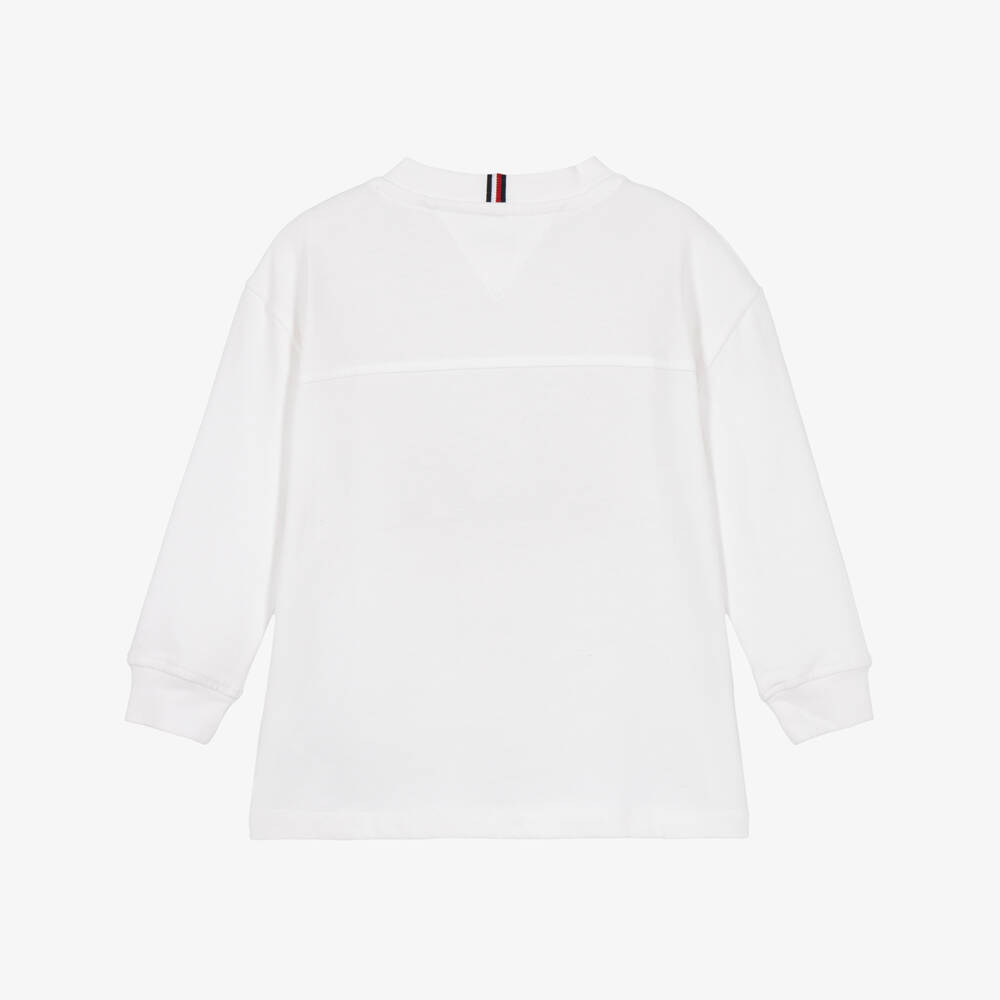 Tommy Hilfiger-Boys White Long Sleeve T-Shirt with Burgundy Logo | Childrensalon