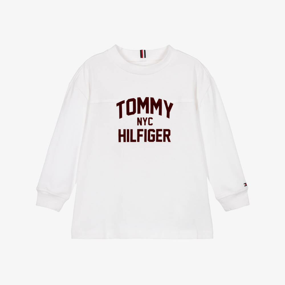 Tommy Hilfiger-Boys White Long Sleeve T-Shirt with Burgundy Logo | Childrensalon