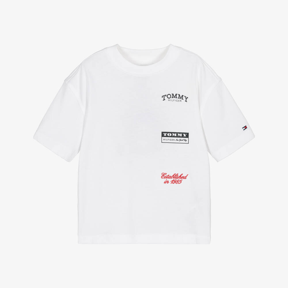 Tommy Hilfiger-Boys White Multi Logo Cotton T-Shirt | Childrensalon