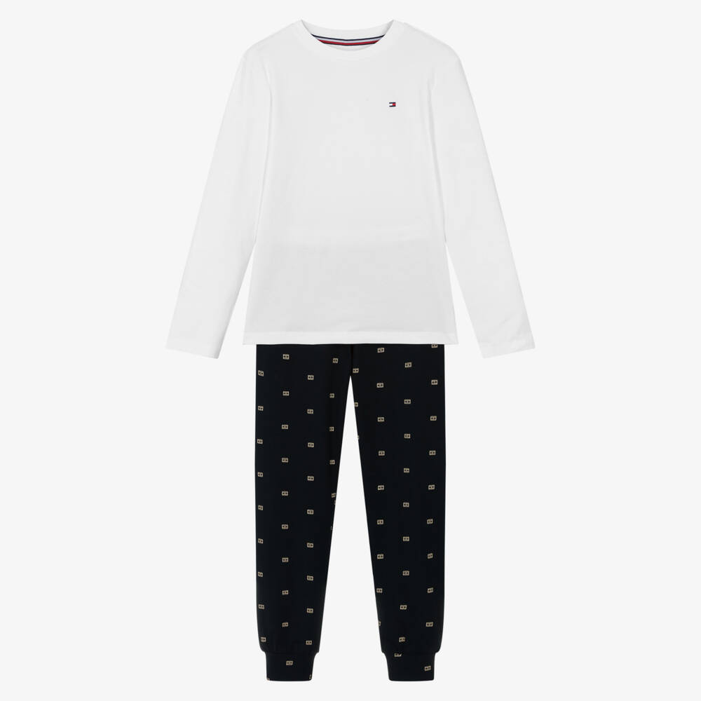 Tommy Hilfiger-Boys White & Navy Blue Cotton Flag Pyjamas | Childrensalon