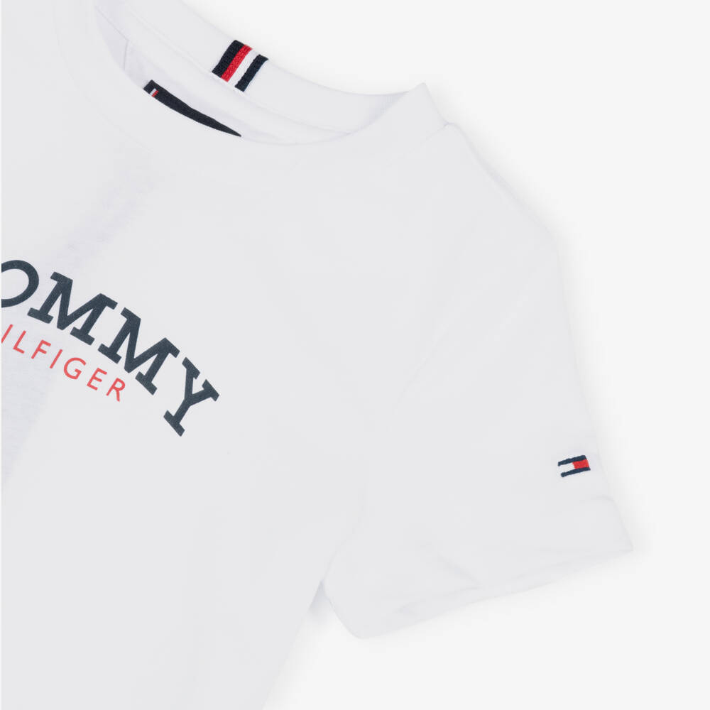 Tommy Hilfiger-Boys White & Navy Blue Cotton Jersey Shorts Set | Childrensalon