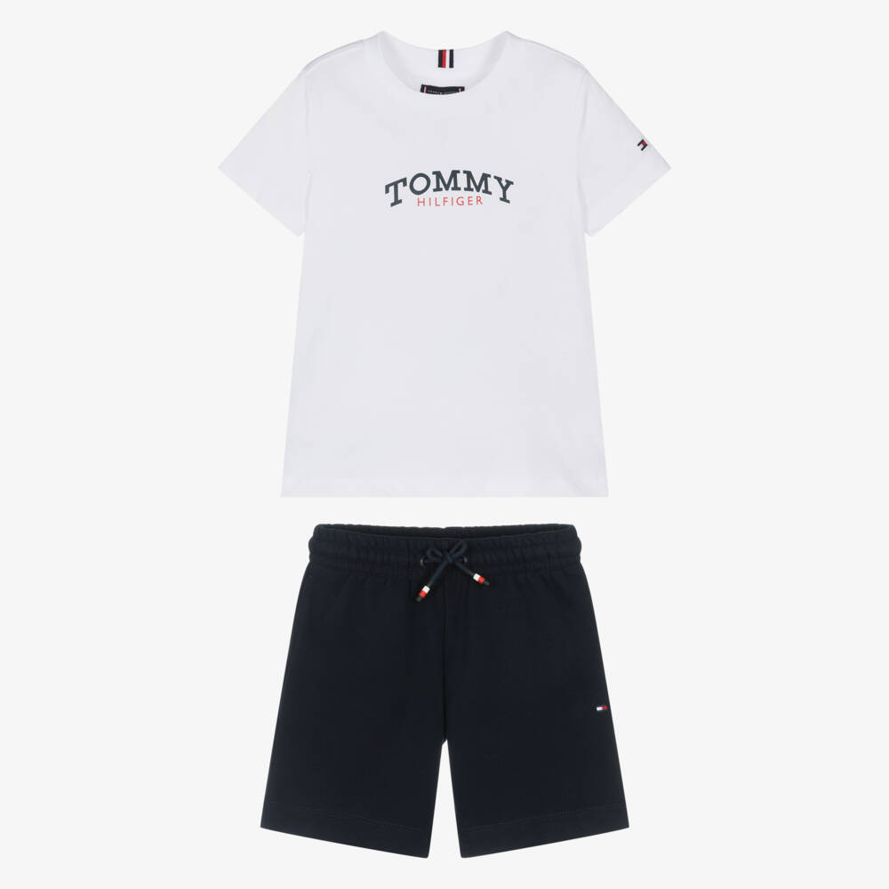 Tommy Hilfiger-Boys White & Navy Blue Cotton Jersey Shorts Set | Childrensalon