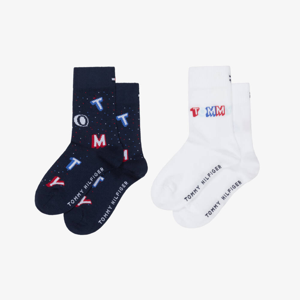 Tommy Hilfiger-Boys White & Navy Blue Knitted Logo Socks (2 Pack) | Childrensalon
