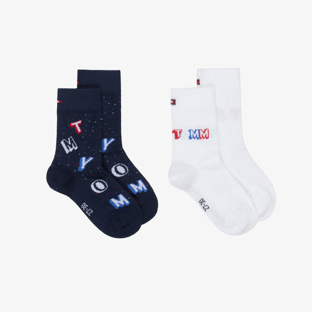 Tommy Hilfiger-Boys White & Navy Blue Knitted Logo Socks (2 Pack) | Childrensalon