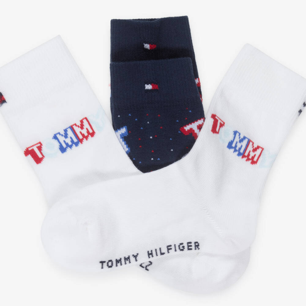 Tommy Hilfiger-Boys White & Navy Blue Knitted Logo Socks (2 Pack) | Childrensalon