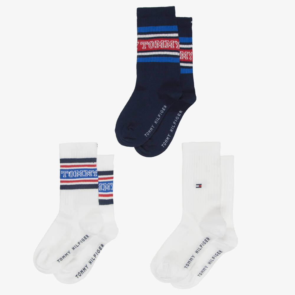 Tommy Hilfiger-Boys White & Navy Blue Socks (3 Pack) | Childrensalon